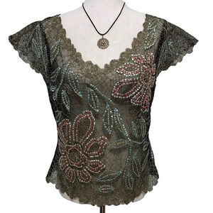 Layering Mesh Embroidered and Sequins Blouse Women M
